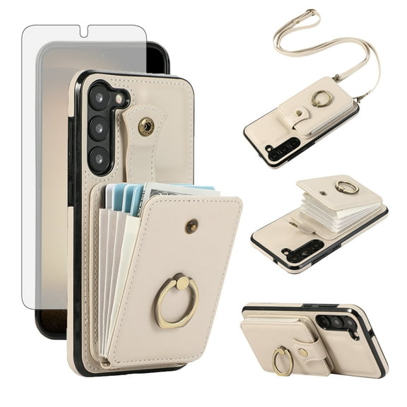 Compatible with Samsung Galaxy S23 Plus S23  5G Wallet Phone Case Screen Protector Ring Crossbody Strap Stand Credit Card Holder RFID Cell Cover for S23plus 23S   S 23 23  SM-S916U Women Girls Beige