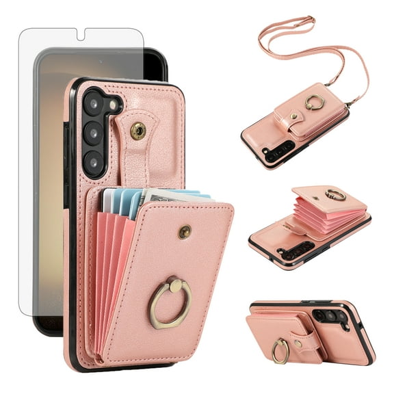 Compatible with Samsung Galaxy S23 Plus S23+ 5G Wallet Phone Case Screen Protector Ring Crossbody Strap Stand Credit Card Holder RFID Cell Cover for S23plus + S 23 23+ SM-S916U Women Girls Rose Gold