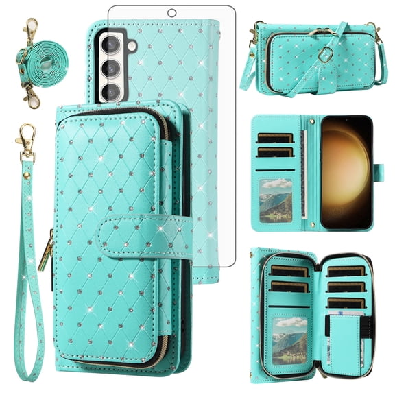 Compatible with Samsung Galaxy S23 Plus S23+ 5G Wallet Phone Case Tempered Glass Screen Protector Bling Glitter Crossbody Lanyard Strap Flip Zipper Purse Card Holder Cell Cover for 23S + Women Green
