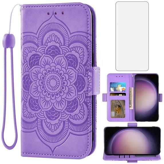 Compatible with Samsung Galaxy S23 Plus S23+ 5G Wallet Phone Case and Tempered Glass Screen Protector Flip Credit Card Holder Stand Cell Cover for S23plus 23S + S 23 23+ SM-S916U 6.6 inch Purple