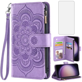 Compatible with Samsung Galaxy S23 Plus S23+ 5G Wallet Phone Case and Tempered Glass Screen Protector Flower Faux Leather Flip Credit Card Holder Stand Zipper Cell Cover for SM-S916U 6.6 inch Purple