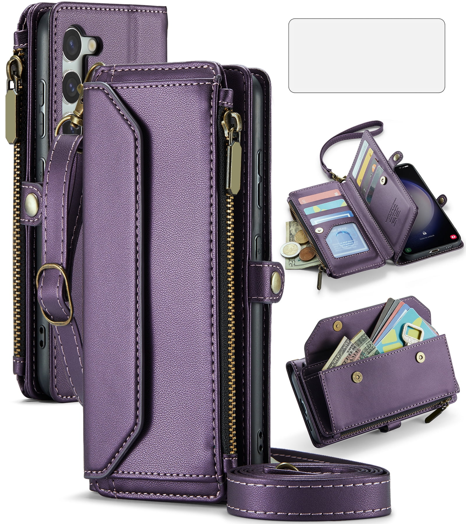 Compatible with Samsung Galaxy S23 Plus S23+ 5G Zipper Wallet Phone Case Tempered Glass Screen Protector Crossbody Lanyard Strap Flip Card Holder Slot Cell Cover for S23plus 23S S 23 23+ Women Purple