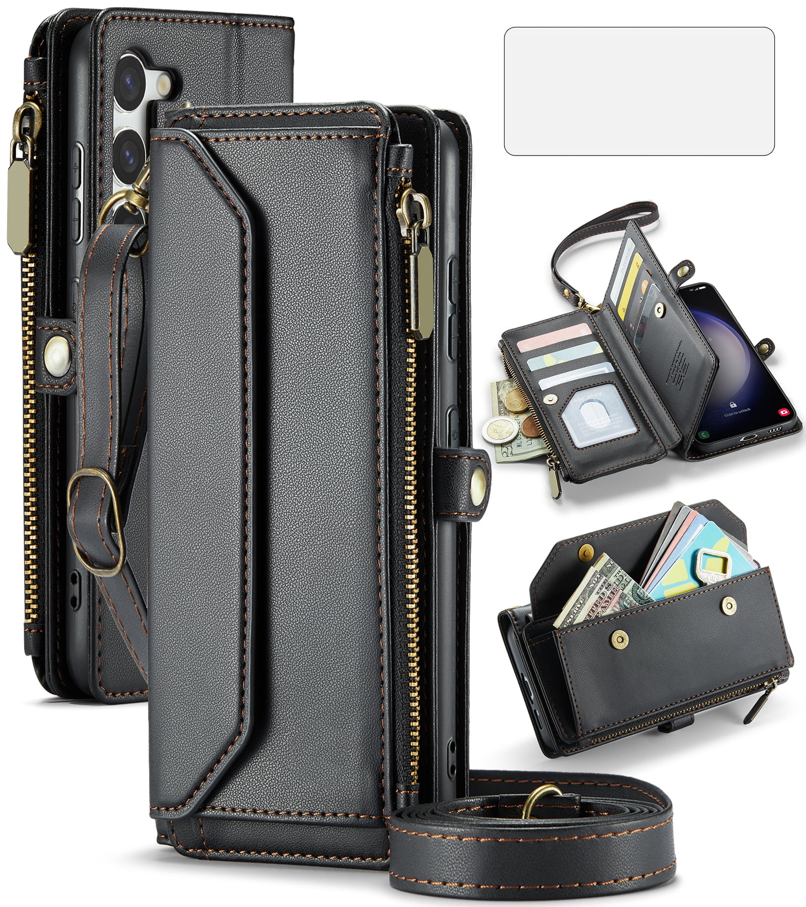 Compatible with Samsung Galaxy S23 Plus S23+ 5G Zipper Wallet Phone Case Tempered Glass Screen Protector Crossbody Lanyard Strap Flip Card Holder Slot Cell Cover for S23plus 23S +S 23 23+ Women Black