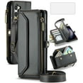 thumbnail image 1 of Compatible with Samsung Galaxy S23 Plus S23+ 5G Zipper Wallet Phone Case Tempered Glass Screen Protector Crossbody Lanyard Strap Flip Card Holder Slot Cell Cover for S23plus 23S +S 23 23+ Women Black, 1 of 9