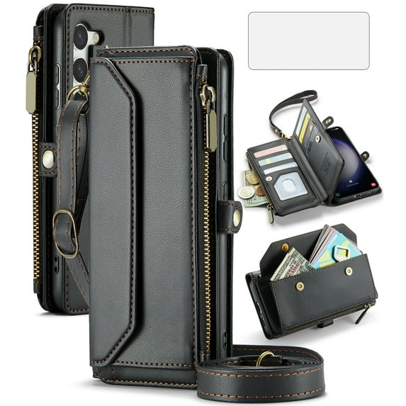 Compatible with Samsung Galaxy S23 Plus S23+ 5G Zipper Wallet Phone Case Tempered Glass Screen Protector Crossbody Lanyard Strap Flip Card Holder Slot Cell Cover for S23plus 23S +S 23 23+ Women Black