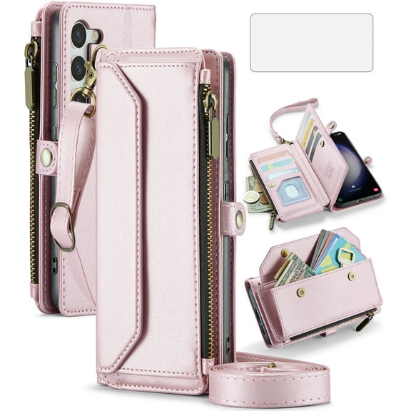 Compatible with Samsung Galaxy S23 Plus S23 5G Zipper Wallet Phone Case Tempered Glass Screen Protector Crossbody Lanyard Strap Flip Card Holder Slot Cell Cover for S23plus 23S S 23 Women Rose Gold