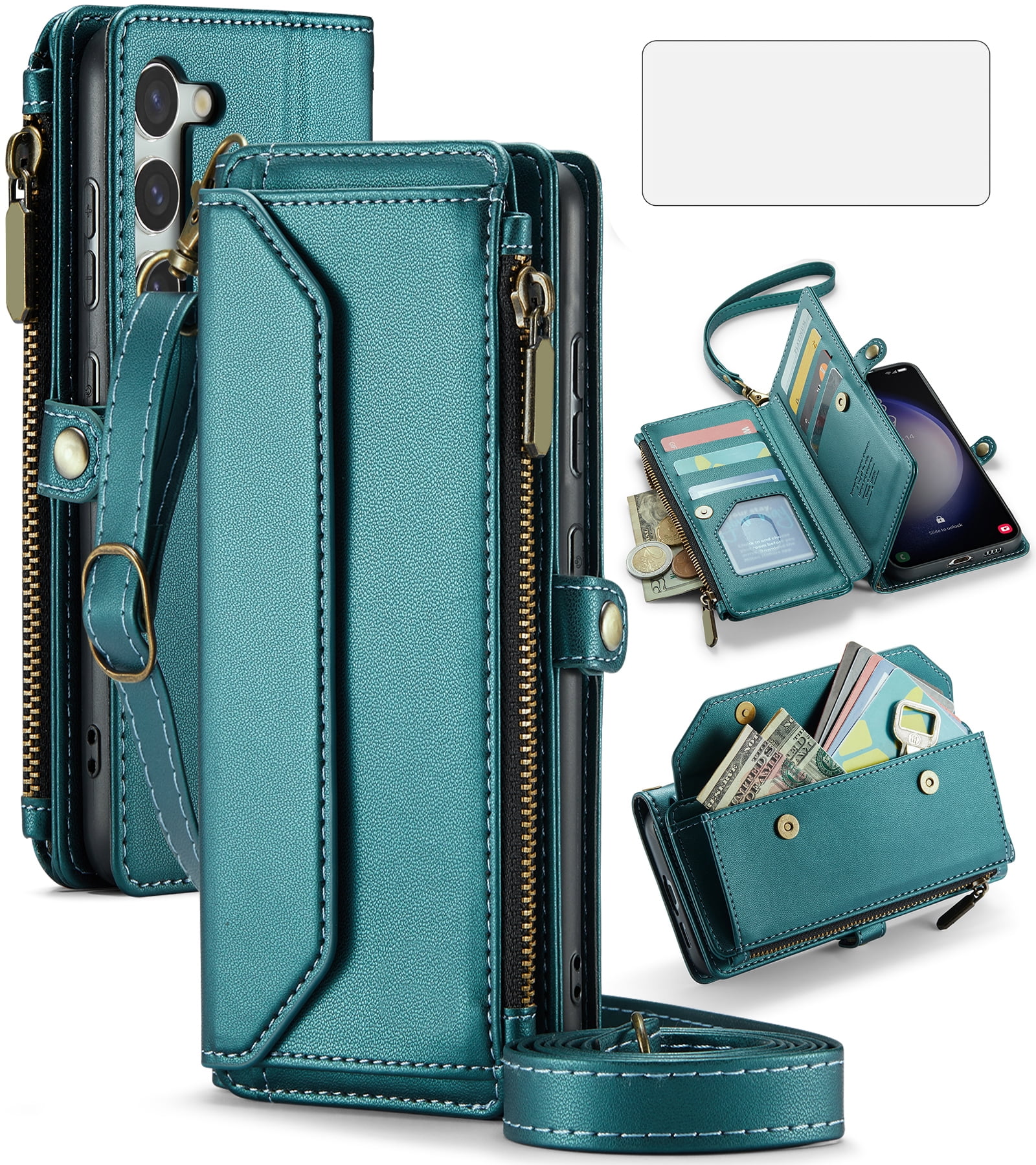 Compatible with Samsung Galaxy S23 Plus S23+ 5G Zipper Wallet Phone Case Tempered Glass Screen Protector Crossbody Lanyard Strap Flip Card Holder Slot Cell Cover for S23plus 23S S 23 23+ Women Green