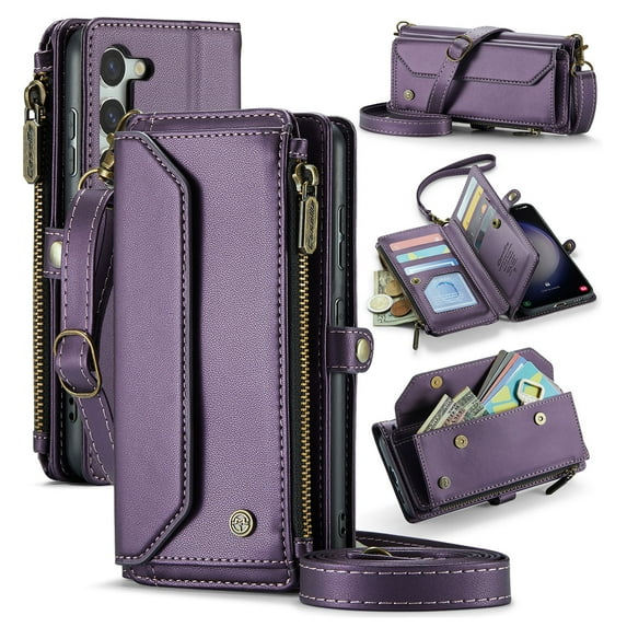 Compatible with Samsung Galaxy S23 Plus Wallet Case, 10 Card Slots & 1 Zipper Coin Pocket & 1 Cash Slot & 1 Cash Pocket & Lanyard & Crossbody Strap & Kickstand & RFID Blocking Phone Case, Purple