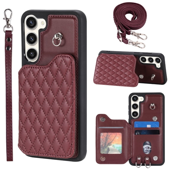 Compatible with Samsung Galaxy S23 Plus Wallet Case, PU Leather with Card Holder Kickstand Removable Shoulder Strap & Lanyard Case Protective Back Case Cover for Samsung Galaxy S23 Plus, Winered