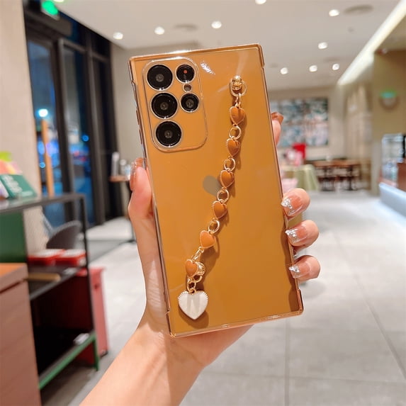 Compatible with Samsung Galaxy S23 Ultra 5G 6.8" Case, Luxury Heart Bracelet Strap Plating Cute Love Hearts Cover with Hearts Hand Chain for Women Protection Shockproof Bumper, Brown