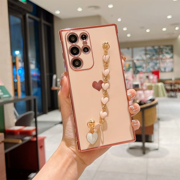Compatible with Samsung Galaxy S23 Ultra 5G 6.8" Case, Luxury Heart Bracelet Strap Plating Cute Love Hearts Cover with Hearts Hand Chain for Women Protection Shockproof Bumper, Pink