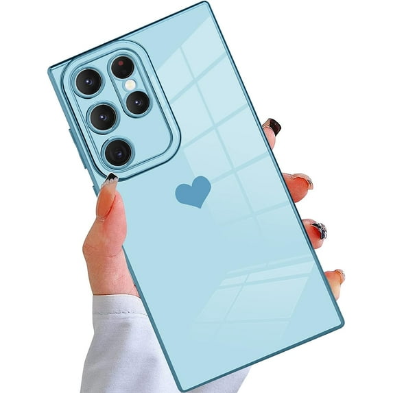 Compatible with Samsung Galaxy S23 Ultra 5G Case Cute Luxury Love Heart Plating Gold Bumper Upgraded Full Camera Protection Soft TPU Shockproof Anti-Scratch Phone Cover-Blue