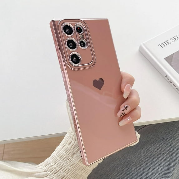 Compatible with Samsung Galaxy S23 Ultra 5G Case Cute Luxury Love Heart Plating Gold Bumper Upgraded Full Camera Protection Soft TPU Shockproof Anti-Scratch Phone Cover-Pink