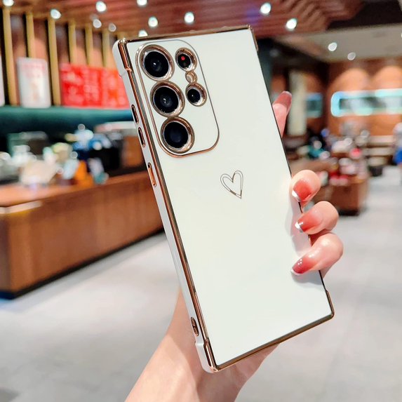 Compatible with Samsung Galaxy S23 Ultra 5G Case,Love Heart Pattern Electroplated Soft TPU Shockproof Protective Case Full Camera Lens Protection Cover for Samsung Galaxy S23 Ultra-White