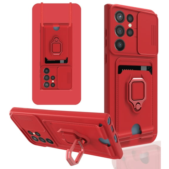 Compatible Samsung Galaxy S23 Ultra 5G Phone Case with Card Holder & Camera Cover Protector, Shockproof Hard PC + Soft Silicone Protective Case for Galaxy S23 Ultra Case with Kickstand,Red