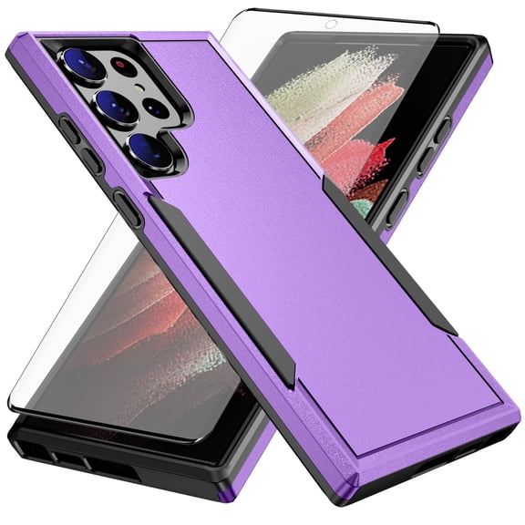 Compatible with Samsung Galaxy S23 Ultra 5G Phone Case Glass Screen Protector Hybrid Rugged Shockproof Hard Protective Drop Proof Full Body Heavy Duty Mobile Cell Cover for S23Ultra S 23U 6.8 Purple