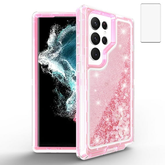 Compatible with Samsung Galaxy S23 Ultra 5G Phone Case Tempered Glass Screen Protector Bling Liquid Glitter Clear Hybrid Shockproof TPU Military Grade Protective Heavy Duty Cell Cover Women Pink