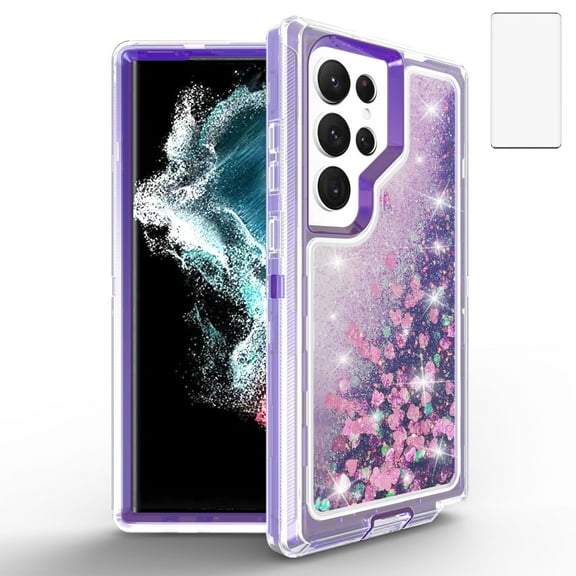 Compatible with Samsung Galaxy S23 Ultra 5G Phone Case Tempered Glass Screen Protector Bling Liquid Glitter Clear Hybrid Shockproof TPU Military Grade Protective Heavy Duty Cell Cover Women Purple