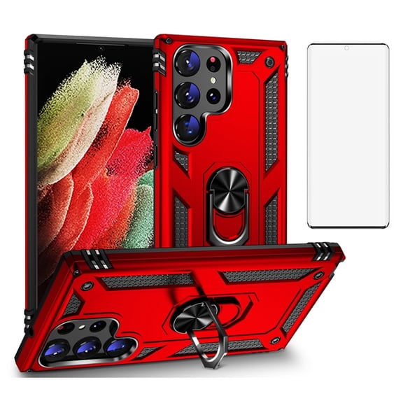 Compatible with Samsung Galaxy S23 Ultra 5G Phone Case Tempered Glass Screen Protector Slim Magnetic Ring Holder Stand Hybrid Protective Cell Cover for S23Ultra S 23 23Ultra 6.8 inch Women Men Red