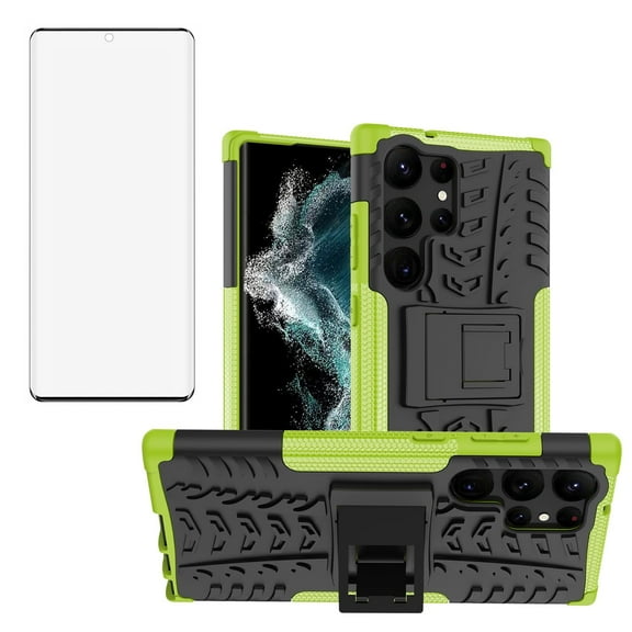 Compatible with Samsung Galaxy S23 Ultra 5G Phone Case Tempered Glass Screen Protector Slim Stand Hybrid Heavy Duty Rugged Protective Cell Cover for S23Ultra 23S S 23 23Ultra 6.8 inch Women Men Green