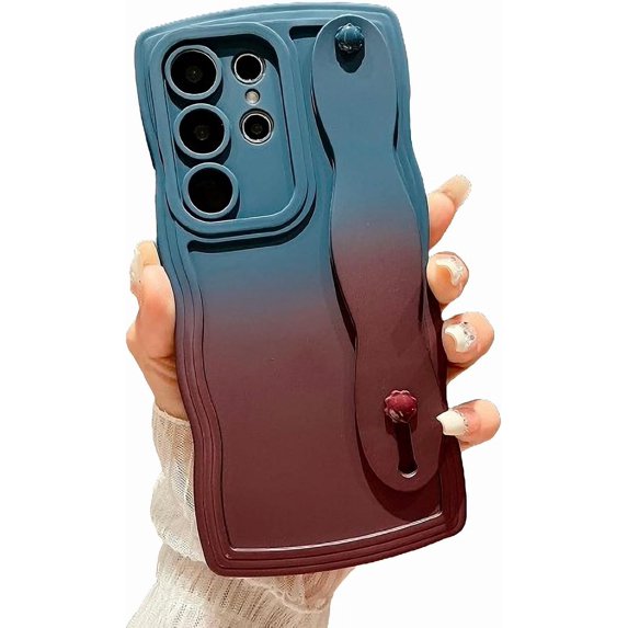 Compatible with Samsung Galaxy S23 Ultra 5G Phone Case with Wrist Strap Kickstand,Cute Gradient Case Curly Wave Frame Case Women Camera Protection Soft Shockproof Cover (c)