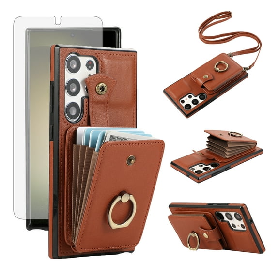 Compatible with Samsung Galaxy S23 Ultra 5G Wallet Phone Case Screen Protector Ring Crossbody Strap Stand Credit Card Holder RFID Cell Cover for S23Ultra 23S S 23 23Ultra 6.8 inch Women Girls Brown
