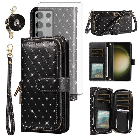 Compatible with Samsung Galaxy S23 Ultra 5G Wallet Phone Case Tempered Glass Screen Protector Bling Glitter Crossbody Lanyard Strap Flip Zipper Purse Card Holder Cell Cover for 23S S 23U Women Black