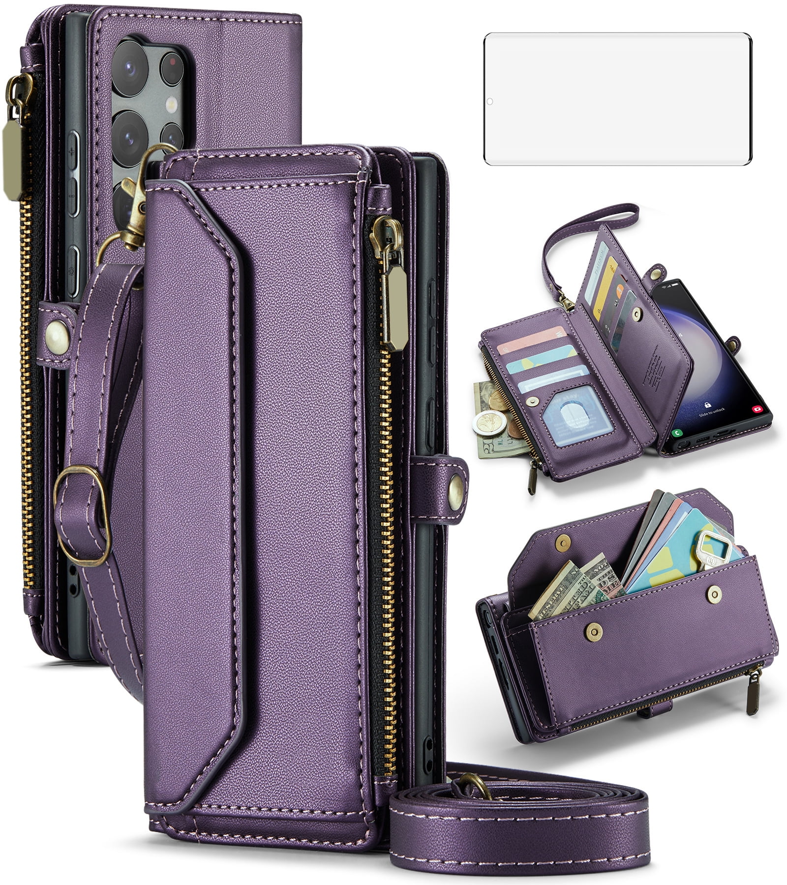 Compatible with Samsung Galaxy S23 Ultra 5G Zipper Wallet Phone Case Tempered Glass Screen Protector Crossbody Lanyard Strap Flip Card Holder Slot Cell Cover for S23Ultra 23S S 23 6.8 Women Purple