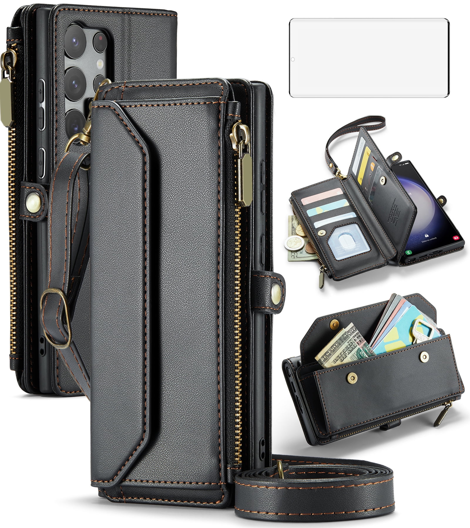 Compatible with Samsung Galaxy S23 Ultra 5G Zipper Wallet Phone Case Tempered Glass Screen Protector Crossbody Lanyard Strap Flip Card Holder Slot Cell Cover for S23Ultra 23S S 23 6.8 Women Black