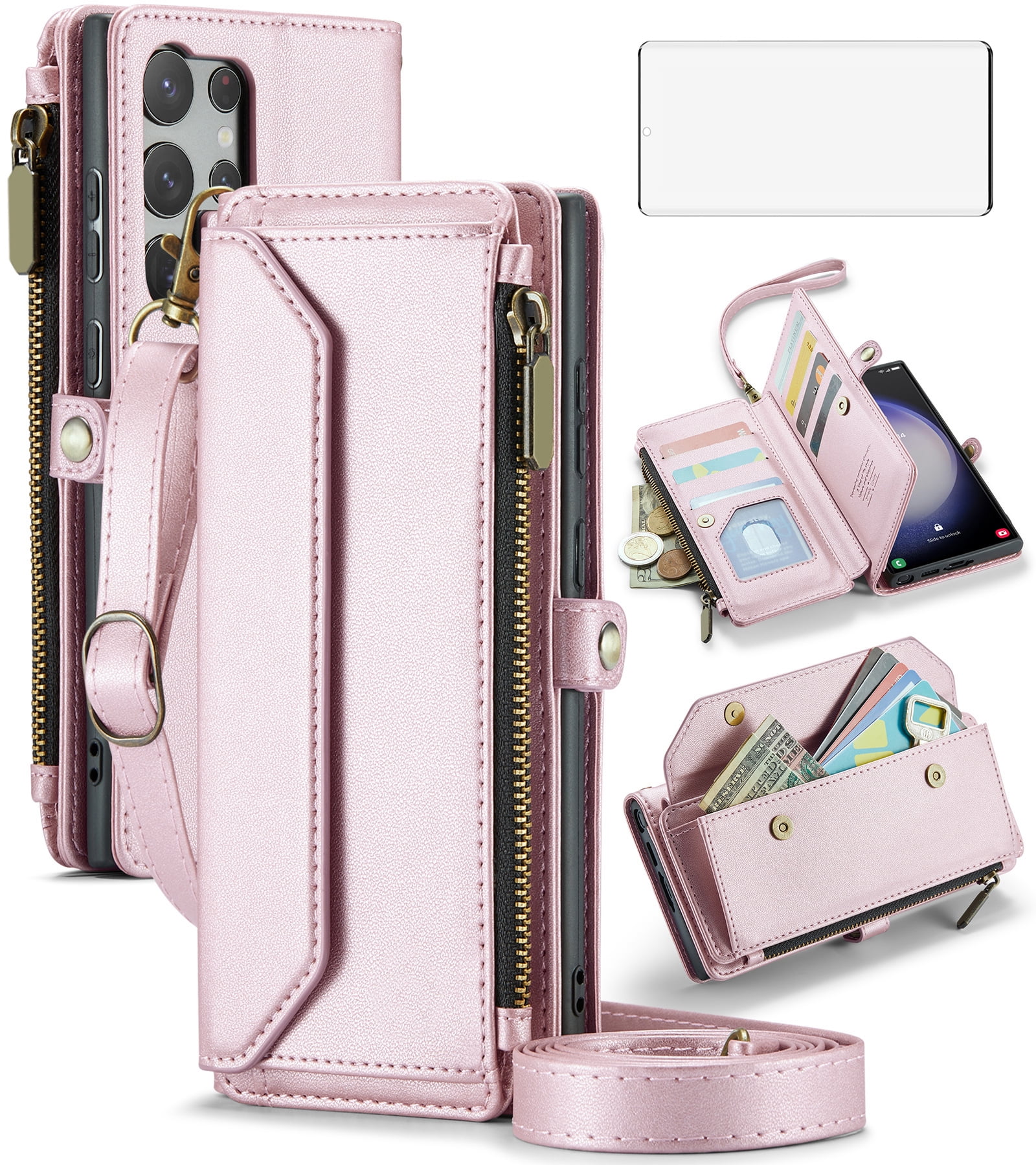 Compatible with Samsung Galaxy S23 Ultra 5G Zipper Wallet Phone Case Tempered Glass Screen Protector Crossbody Lanyard Strap Flip Card Holder Slot Cell Cover for S23Ultra 23S S 23 6.8 Women Rose Gold