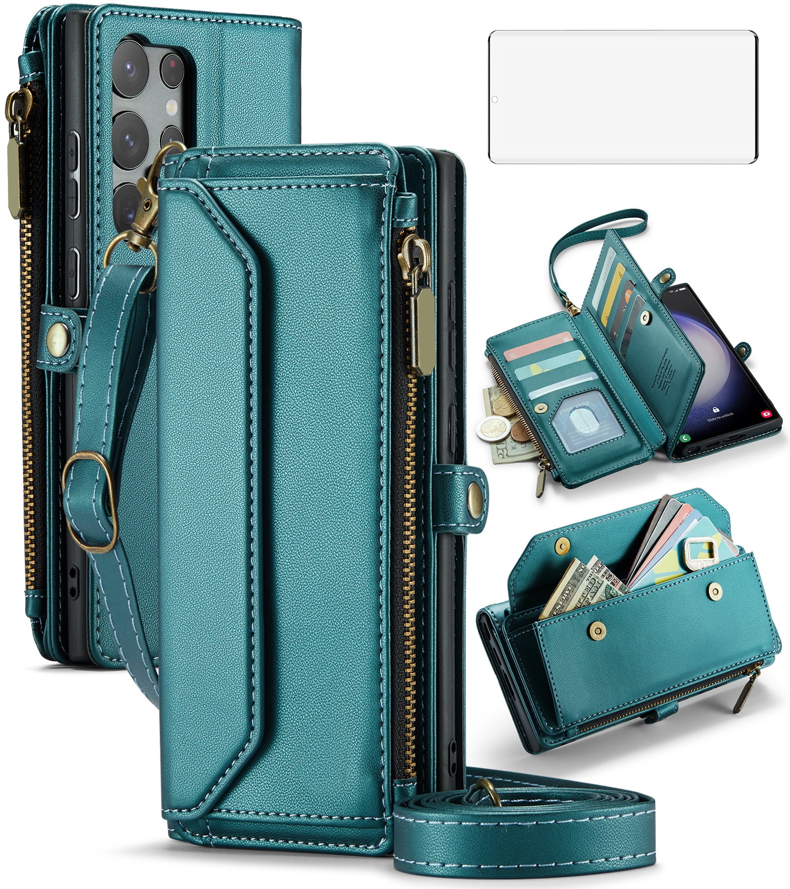 Compatible with Samsung Galaxy S23 Ultra 5G Zipper Wallet Phone Case Tempered Glass Screen Protector Crossbody Lanyard Strap Flip Card Holder Slot Cell Cover for S23Ultra 23S S 23 6.8 Women Green