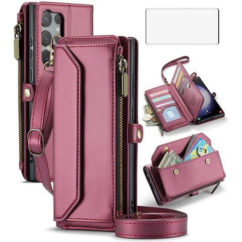 Compatible with Samsung Galaxy S23 Ultra 5G Zipper Wallet Phone Case Tempered Glass Screen Protector Crossbody Lanyard Strap Flip Card Holder Slot Cell Cover for S23Ultra 23S S 23 6.8 Women Wine Red