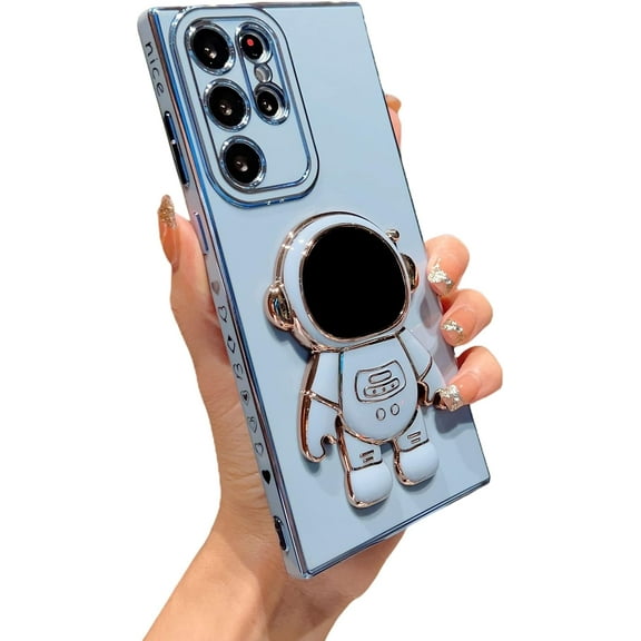 Compatible with Samsung Galaxy S23 Ultra 5g 6D Plating Astronaut Hidden Kickstand Case Luxury Cute Heart Cover with Camera Protection Soft Silicone Shockproof Stand Holder Bumper (Blue)