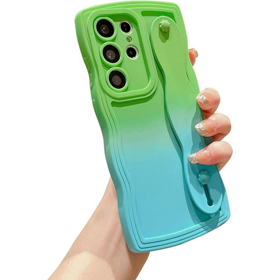 Compatible with Samsung Galaxy S23 Ultra 6.8" Case, Cute S23 Ultra Phone Case with Wrist Strap Wristband Stand Camera Lens Protect Wavy Frame Soft Shockproof Gradient Cover for Women (Green Blue)