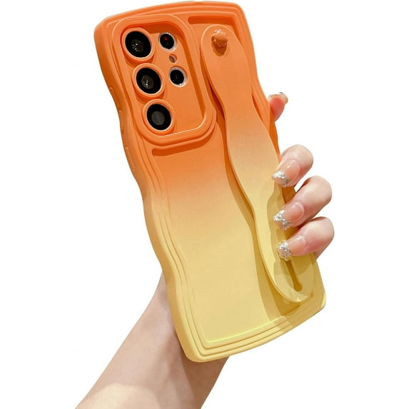Compatible with Samsung Galaxy S23 Ultra 6.8" Case, Cute S23 Ultra Phone Case with Wrist Strap Wristband Stand Camera Lens Protect Wavy Frame Soft Shockproof Gradient Cover for Women (Orange Yellow)