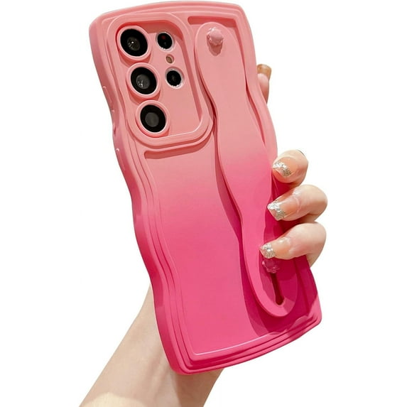 Compatible with Samsung Galaxy S23 Ultra 6.8" Case, Cute S23 Ultra Phone Case with Wrist Strap Wristband Stand Camera Lens Protect Wavy Frame Soft Shockproof Gradient Cover for Women Men (Pink Rose)