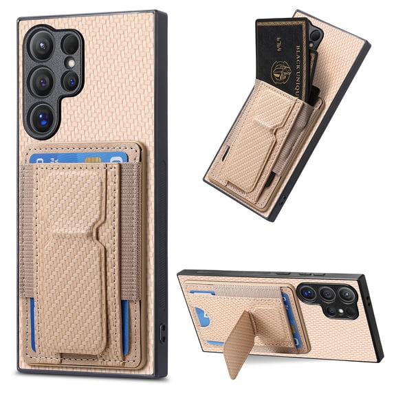 Compatible for Samsung Galaxy S23 Ultra Carbon Fiber Texture Wallet Case with Credit Card Slots, Shockproof Protection Business PU Leather Flip Kickstand Phone Cover for Galaxy S23 Ultra, Khaki