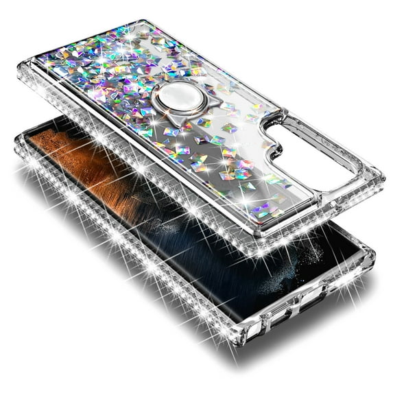 Compatible with Samsung Galaxy S23 Ultra Case(6.8 Inch), Girls Women Bling Liquid Floating Glitter Cute Case with Tempered Glass Screen Protector, Ring Holder & Wrist Strap