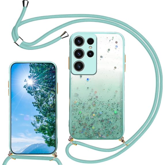 Compatible with Samsung Galaxy S23 Ultra Case Clear Cute Giltter Samsung S23 Ultra Phone Case for Women Girls Transparent TPU Bumper Cases with Lanyard Strap (Green)