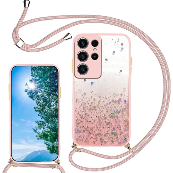 Compatible with Samsung Galaxy S23 Ultra Case Clear Cute Giltter Samsung S23 Ultra Phone Case for Women Girls Transparent TPU Bumper Cases with Lanyard Strap (Pink)
