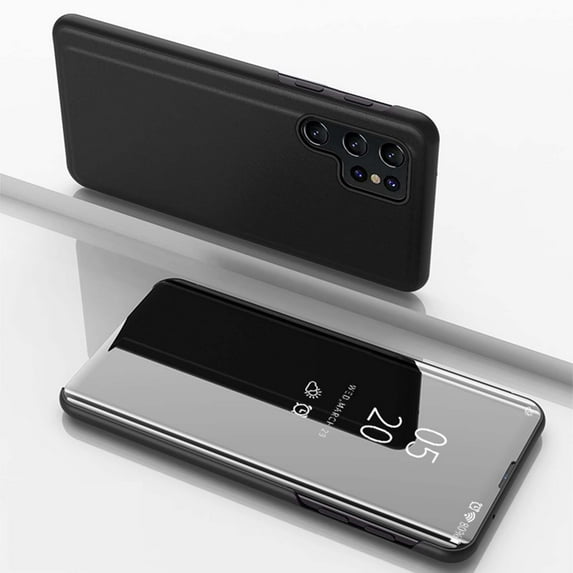 Compatible with Samsung Galaxy S23 Ultra Case Clear View Window Electroplate Plating Flip Folding Stand Scratchproof Full Body Protective Flip Slim Rugged Anti-fall Phone Case,Black