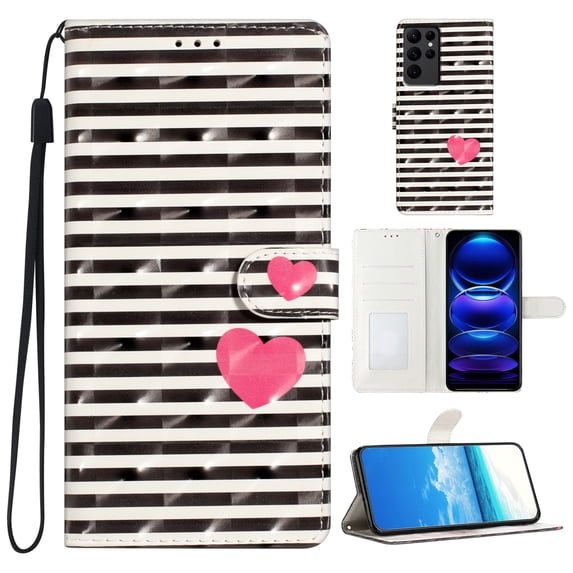 Compatible with Samsung Galaxy S23 Ultra Case, Colored Drawing Wallet Women Girls PU Leather Case with Card Slots/Cash Pocket Wrist Strap Magnetic Flip Stand Book Kickstand Cover, Striped Heart