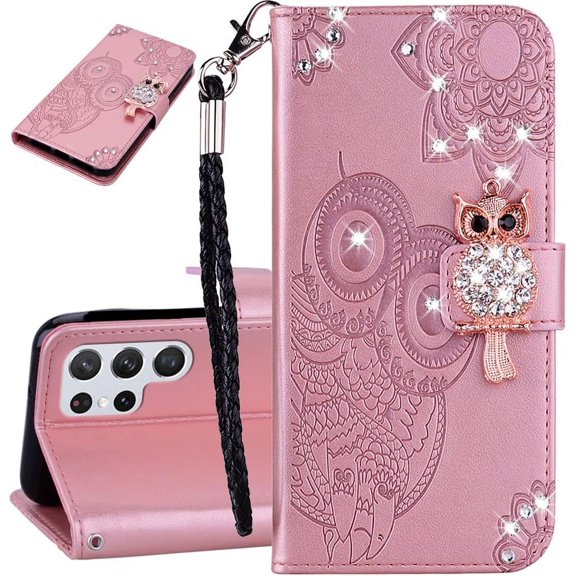 Compatible with Samsung Galaxy S23 Ultra Case Glitter Stylish Crystal Owl with Wrist Strap Kickstand Magnetic Leather Wallet for Women Flip Phone Case for Samsung Galaxy S23 Ultra Rose Gold YK