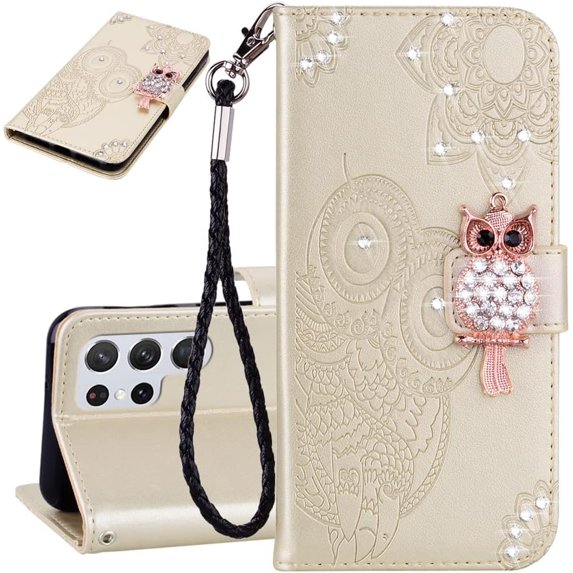 Compatible with Samsung Galaxy S23 Ultra Case Glitter Stylish Crystal Owl with Wrist Strap Kickstand Magnetic Leather Wallet for Women Flip Phone Case for Samsung Galaxy S23 Ultra Golden YK