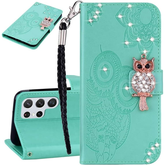 Compatible with Samsung Galaxy S23 Ultra Case Glitter Stylish Crystal Owl with Wrist Strap Kickstand Magnetic Leather Wallet for Women Flip Phone Case for Samsung Galaxy S23 Ultra Green YK