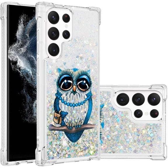 Compatible with Samsung Galaxy S23 Ultra Case Liquid Glitter Cute Stylish Silicone Quicksand Sparkle Shockproof Protective for Women Girls Case for Samsung Galaxy S23 Ultra Pearl Owl YB
