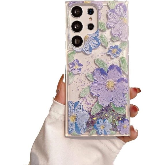 Compatible with Samsung Galaxy S23 Ultra Case Oil Painting Flower Case Glow in The Dark Liquid Fluorescent Floating Floral Case Women Girly Light up Case Soft TPU Luminous Phone Cover, Purple