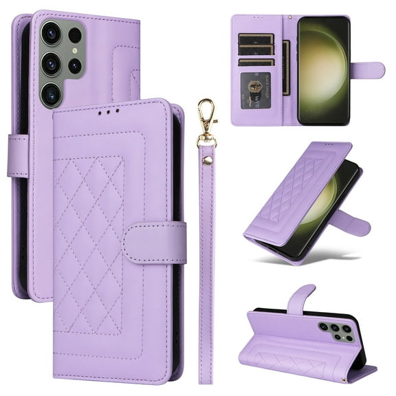 Compatible with Samsung Galaxy S23 Ultra Case, Premium Leather Wallet Book Case Magnetic Flip RFID Blocking Credit Card Holder Kickstand with Wrist Strap Shock Absorbing Case, Purple