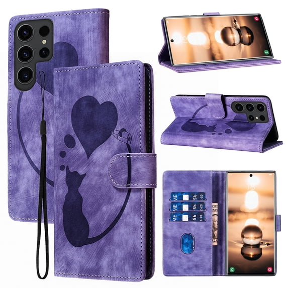 Compatible with Samsung Galaxy S23 Ultra Case Wallet Case with Kickstand Credit Card Holder Slot,Cute Cat & Love Heart Embossed Cover,Magnetic Closure Wrist Strap Luxury PU Leather Case,Purple