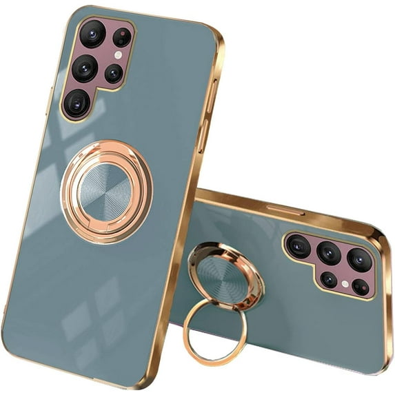 Compatible with Samsung Galaxy S23 Ultra Case for Women Cute Samsung S23 Ultra Phone Case Shockproof with Luxury Plating Gold Edge and Magnetic Car Mount Kickstand Protective Cases (Grey)